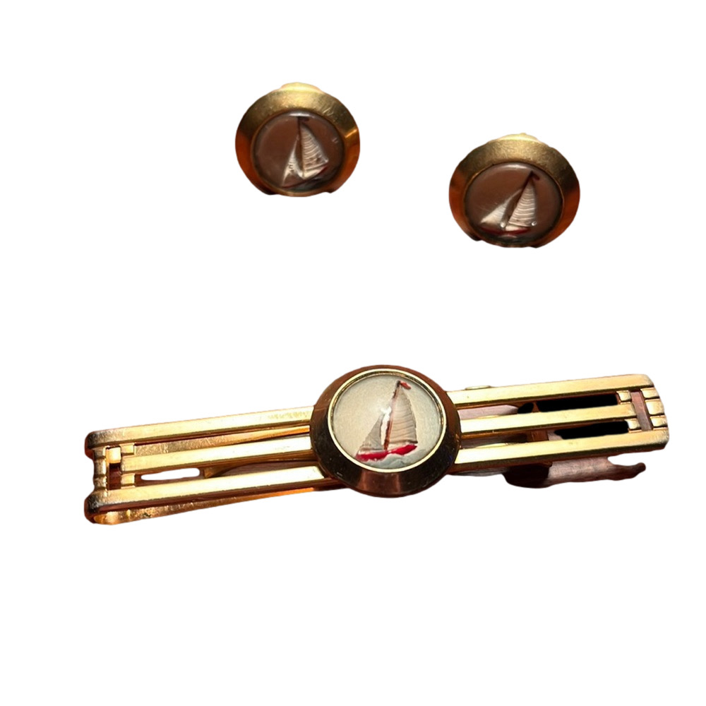 Vintage Anson sailboat tie bar and cufflinks